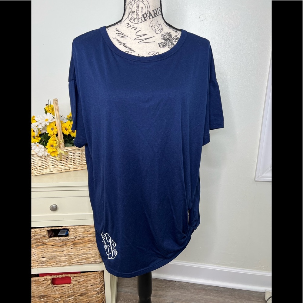 Jordann Navy Blue Top with Monogram and Tie at Bottom